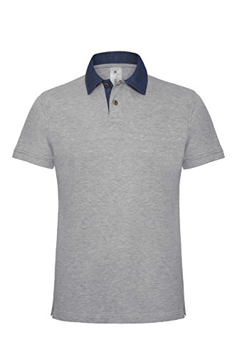 B&C Denim adelante Polo de Manga Corta para Hombre Casual Smart Collar Top - Denim/Brezo Gris (2XL)