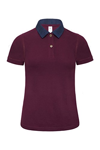 B&C Denim Forward Camiseta Manga Corta para Mujer Top Elegante Polo con Cuello - Denim/Borgoña (XS)