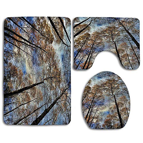 Copas de los árboles contra el cielo Majestic Pines Scary Radiant Nature View Tranquil Print 3 PCS Conjuntos de alfombras de baño Tocador de piso Alfombrilla de contorno Tapa de inodoro Tapa