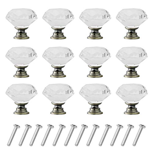 D-buy 12 Pack 30mm Cabinet Knobs Drawer Pulls Drawer Knobs Dresser Knobs Diamond Shaped Crystal Glass with Screws (Bronce)