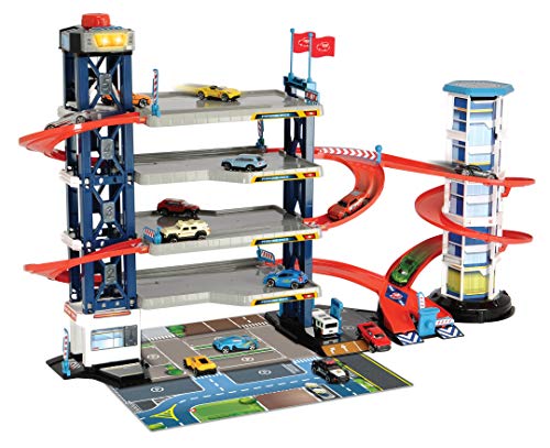 Dickie Toys Garaje Aparcamiento, 4 Niveles, Ascensor, 4 vehículos de Die-Cast, 1 helicóptero, luz y Sonido, Multicolor (203749008)