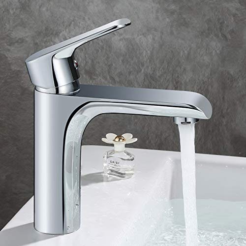 GAVAER Grifo Lavabo, Alta Calidad Grifo Baño, Grifo Lavabo Monomando para Agua Fría y Caliente, Válvula de Cerámica, Aireador Desmontable, Latón Cromado.