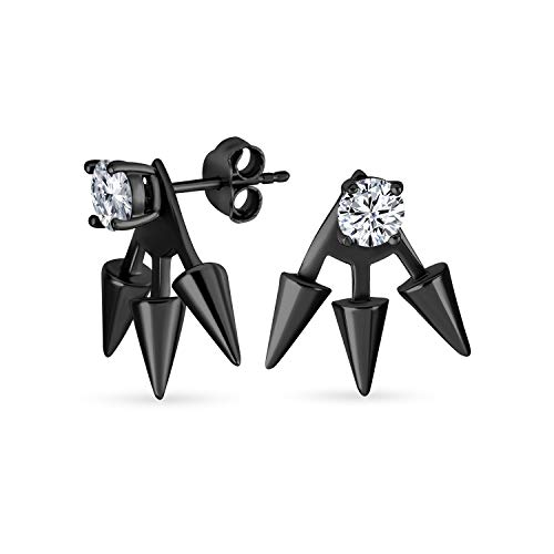 Goth Triple Spike punto flecha cúbica Zirconia chaqueta pendientes para mujeres negro plateado 925 plata de ley