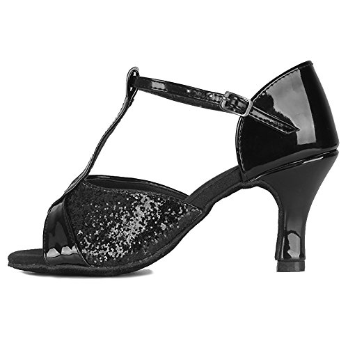 HIPPOSEUS Zapatos de Baile Latino con Correa en T para Mujer Zapatos de práctica de Baile de Salsa con Lentejuelas,Negro,35 EU