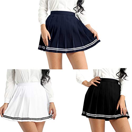 inlzdz Mujeres Kawaii Falda Corta Estilo Japones Falda Pisada Cintura Alta Dobladillo con Raya Falda de Tenis Golf Skater Uniforme Escolar Disfraz de Estudiantes Azul Marino X-Large