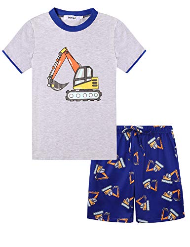 Irevial Pijama para Niños,Pijamas de Manga Corta 6-15 Años-Dinosaurio/camión/astronave/excavador/Cohete Top y pantalón Largo con Cinturilla elástica y Bolsillos Dos Piezas,Suave y cómodo