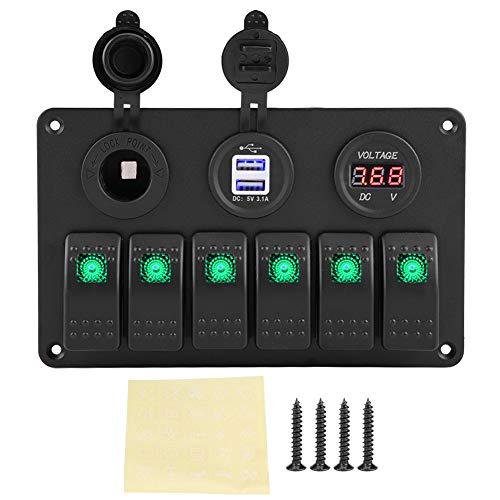 KIMISS ABS 12V / 24V 6 Gang Panel de interruptor basculante de LED para Coche barco marino, Dual USB voltímetro encendedor de cigarrillos(verde)