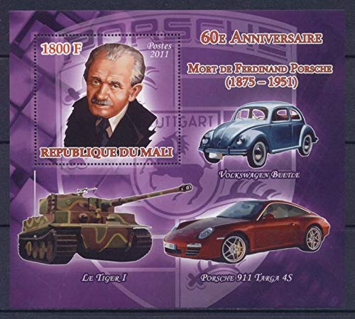 Mali 2011 Souvenir Sheet 60Th Death Anniversary Ferdinand Porsche Volkswagon Beetle Tiger Tanks 911 Targa 4S MNH JandRStamps