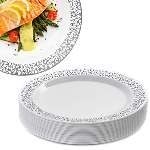 Matana 20 Platos de Postre de Plástico Duro Blanco con Borde Plateado - 18cm