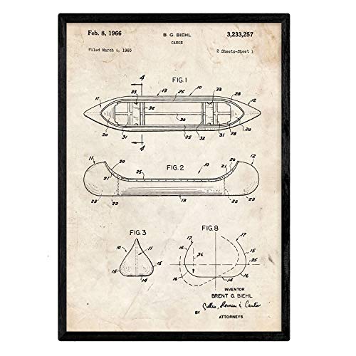 Nacnic Poster con patente de Canoa 1. Lámina con diseño de patente antigua en tamaño A3 y con fondo vintage