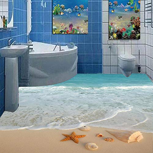 Personalizado pegatina para el suelo Moderno Simple 3D Estéreo Playa Mar Ola Estrella de mar Concha Azulejos de piso Papel tapiz mural Baño Dormitorio PVC Impermeable 3 D Flooring-150 * 105cm