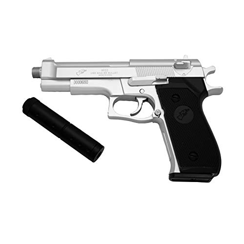 Pistola Double Eagle M22 Tipo Beretta 92F con estabilizador - Plata - Pistola Muelle Calibre 6 mm - Energía 0.42 Julios - Velocidad de Disparo 83 m/s - 275 FPS. Ref:M22B