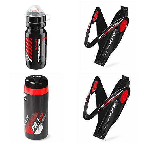 Raceone.it - Kit Race Trio X5 Gel (4 PCS): 2 Porta Bidon X5 + Bidon de Ciclismo XR1 + Toolbox PR1 Bici Carrera de Ruta/Bicicleta de Montaña MTB/Gravel Bike. Color: Negro/Rojo 100% Made IN Italy