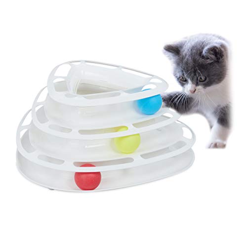 Relaxdays Juguete Gato Interactivo, Circuito de Bolas de 3 Pisos, Pelotas, Cat Toy, Plástico, 13,5 x 29 x 28 cm, Blanco