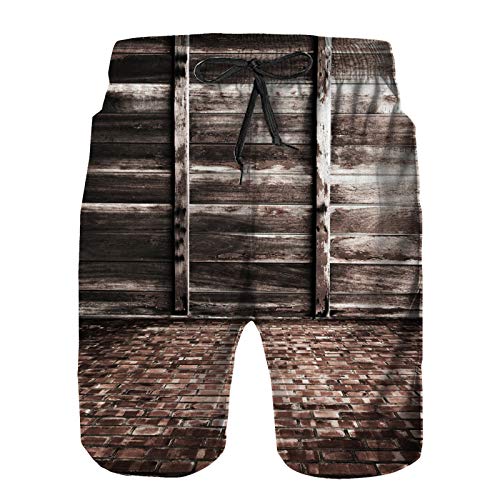 saletopk Bañador De para Hombre Pantalones Playa Shorts, Fondo de Pared de tablones de Roble Rayado Agrietado Envejecido y Imagen de Piso de ladrillo con Fecha Secado Rápido Ligero Baño Cortos S