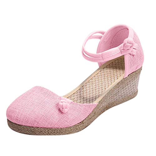 Sandalias De Lino Retro para Mujer Plataformas Bombas De Cuña De Lona Punta Redonda Tobillo Correa Muffin Zapatos Simple Bohemia Beach Botines Gruesos Tacones Altos