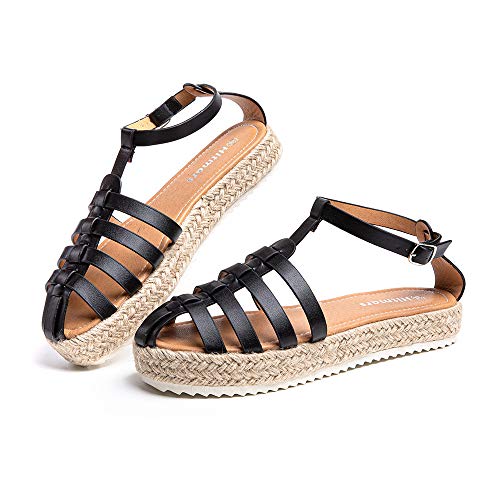 Sandalias Mujer Verano Plataforma Alpargatas Cuña Comodas Zapatos de Vestir Tacón Hebilla Tobillo Cerrado Negro-7 40 EU