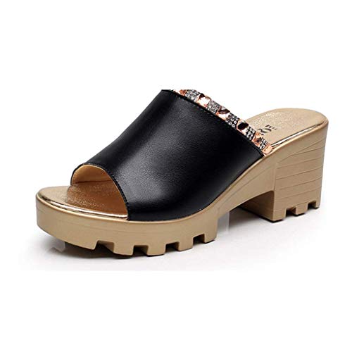 Sandalias y zapatillas de verano GJJSZ Zapatillas de verano para mujer,tacón medio,pedrería de cuero,tacón grueso,remolque de una palabra,boca de pez,ropa exterior,plataforma impermeable,ocio,comodida