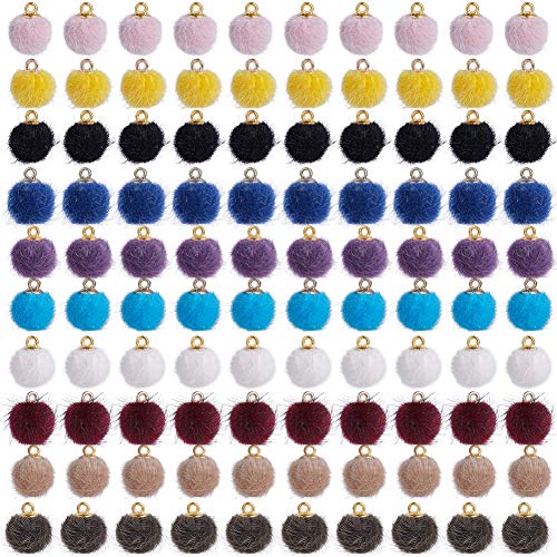 SUNNYCLUE 100pcs 10 Colores Faux Mink Fur Pom Pom Balls Charms Round Blue Yellow Pink White Black Fluffy Pompoms Charm Colgantes para DIY Craft Earrings Joyas Fabricación Accesorios Accesorios