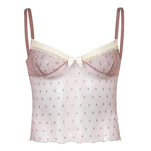 Tops Cortos de Encaje de Malla de Lunares para Mujer Moda Harajuku E Ropa para niñas Lindo Sexy Cami Camiseta sin Mangas Transparente SM