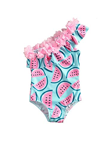 Traje de Baño para Niñas Flor Bañador Bikini con Estampado de Girasol Sandía Piña Hombro Oblicuo Cuello con Volantes para Bebés Mameluco de Natación Regalo Playa Verano (Sandía Rosa, 1-2 Años)