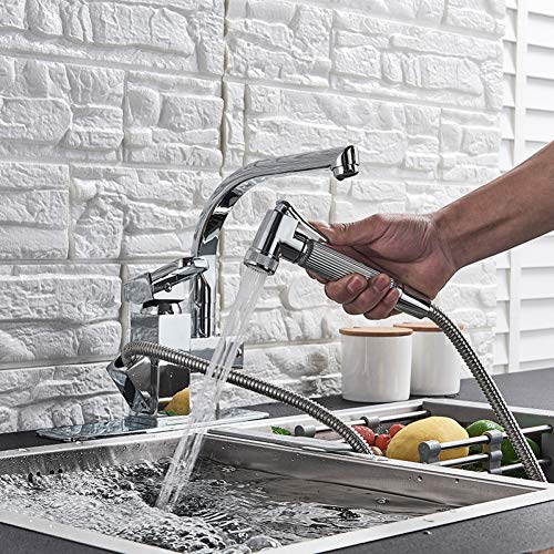 TYOLOMZ   Grifo de fregadero de cocina cepillado Grifo mezclador Grifo de baño de un solo orificio Grifo   extraíble Rociador Grúa montada en plataforma giratoria