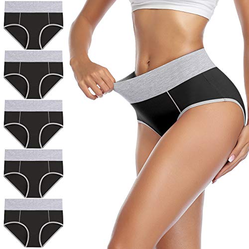 wirarpa Bragas Talle Alto Algodón para Mujer Culotte Braguita de Cintura Alta Cómodo 5 Pack Negro Tamaño XXXL