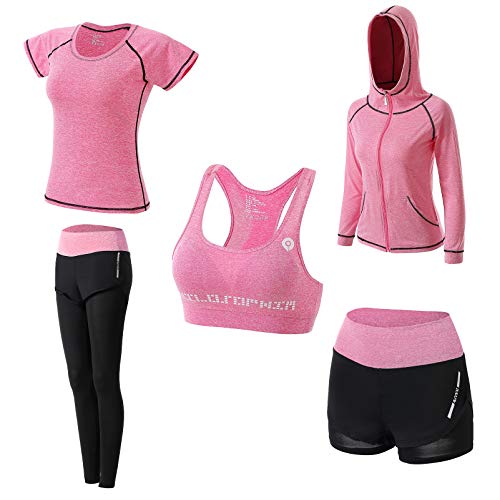 5 Piezas Conjuntos Deportivos para Mujer Yoga Fitness Deporte Chándales Ropa Deportiva Mujer Ropa de Correr Conjunto de Gimnasio Ejercicio Carrera Entrenamiento Transpirable Cómodo