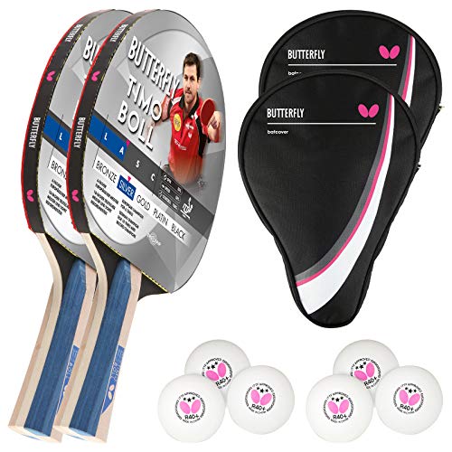 Butterfly Timo Boll Silver - Juego de 2 raquetas de ping pong (incluye 2 fundas para drive y 2 3 pelotas de ping-pong ITTF R40)