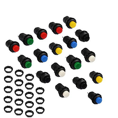 BUYGOO 18 Piezas Interruptor de Botón Pestillo de Plástico Bricolaje 12 mm Mini Impermeable Botón Pulsador 6 Colores interruptores de enclavamiento encendido y apagado