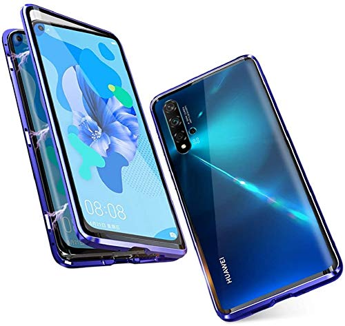 CHENYING Funda para Huawei Nova 5T/ Honor 20 Carcasa 360 Grados Full Body Protección Estuche Magnetic Adsorption Case Metal Bumper Flip Cover Transparente Delantera y Trasera Tempered Glass Case,Azul