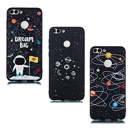 ChoosEU Compatible con 3X Fundas Huawei P Smart 2018 Silicona Negro Dibujos Creativa Carcasas para Chicas Mujer Hombres TPU Case Antigolpes Bumper Cover Caso Protección - Espacio, Astronauta