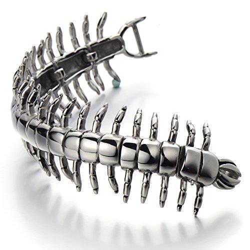 COOLSTEELANDBEYOND Pulsera de Hombre, Brazalete de Acero Inoxidable, Grande Ciempiés, Esposas, stilo Retro