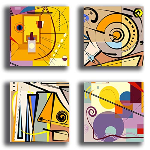 Cuadros modernos estilo KANDINSKY amarillo morado 4 piezas 40 x 40 cm impresión lienzo lienzo lienzo decoración arte abstracto XXL decoración para salón dormitorio cocina oficina bar restaurante