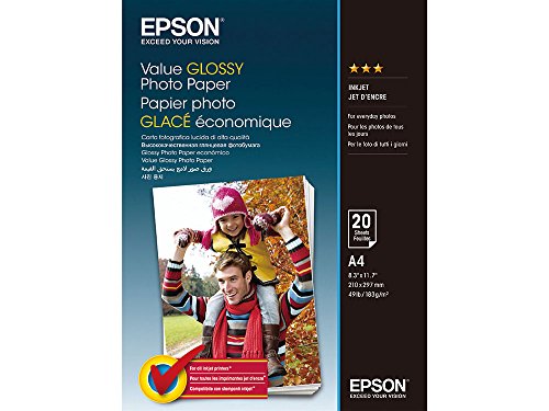 Epson Value Glossy Photo Paper - A4-20 Hojas - Papel fotogr fico (Brillo, 183 g/m, A4, 20 hojas, Expression Premium XP-900 - Expression Premium XP-830 - Expression Premium XP-820 - Expression.)