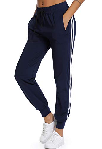 FITTOO Pantalon Chandal Mujer Largos Pantalones Deporte Yoga Fitness Jogger Pantalones Rayas Azul XL