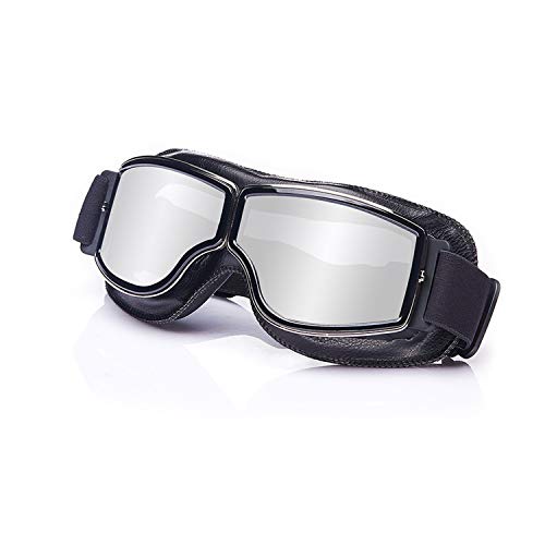 Galatée Motocross Vidrios a Prueba de Viento UV Goggle Prueba de Polvo Steampunk aviador estilo piloto motocicleta crucero scooter gafas vintage snowboard gafas (Lente plateado - marco negro)