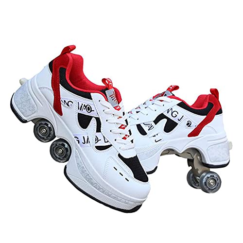 HANHJ Zapatos Patinaje Rodillos Ajustables Multifuncionales Zapatos para Niños Zapatos con Ruedas Sneaker Style Cómodo Elegante Bajo Corte con Ruedas,White Low Top01-37