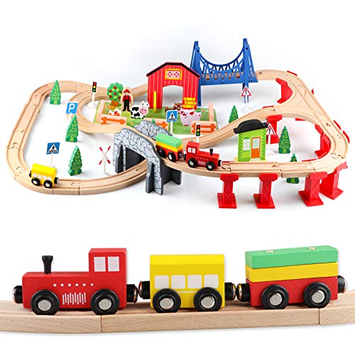 Jacootoys Tren Juguete Madera 80 Piezas Coches y Pista de Madera Bloques de Construcción Juguetes Educativos 3 4 5 6 Años Niños y Niñas