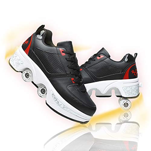 JZIYH 2 en 1 de doble fila Deform Wheel Zapatos Automáticos para Caminar Roller Skate Casual Roller Skate Zapatos Deformación Parkour Invisible Cuatro rondas de Zapatillas de Correr