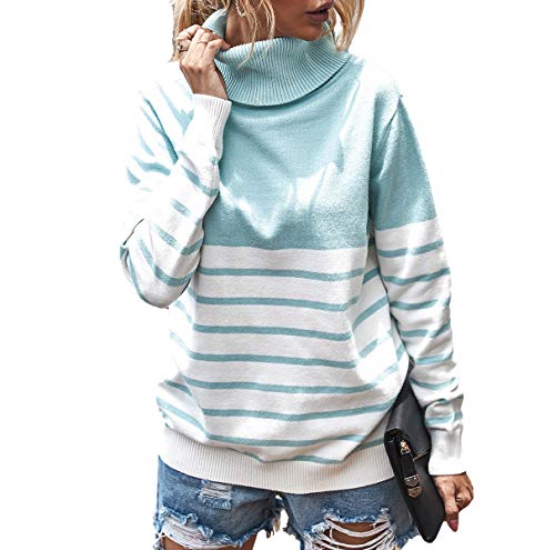 Mujer Manga Larga Cuello Alto suéter de Punto Rayas Loose Fit Hecho Punto Ocasional del suéter del Puente Tops Otoño Invierno Abrigos (Blue, L)