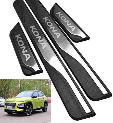 NTUOO 4Pcs Coche Acero Inoxidable Barra Umbral, para Hyundai Kona 2017-2020 Puerta Patada Kick Plates Bienvenida Pedal Protección Tira Decoración Estribos, Auto Peinado Accesorios