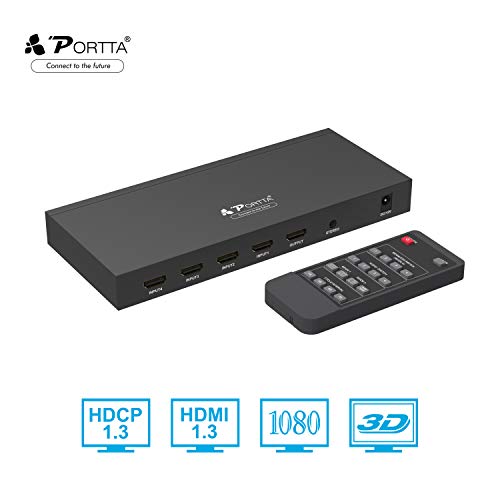 Portta HDMI Switch 4x1 Quad Multi-Viewer con Sin Costura Conmutador Soporte 720p/1080p Scaler + Stereo Extractor + IR Control + 5 Modos de visualización Diferentes para Xbox360 PS4 Notebook PC HDTV