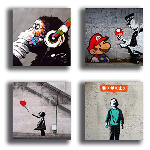 Printerland Cuadros modernos estilo Banksy Murales 4 piezas 40 x 40 cm Decoración Arte Abstracto XXL Decoración para Salón Dormitorio Cocina Ufico Bar Restaurante Madera Impresión sobre lienzo