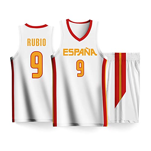 QQLONG Ricky Rubio Gasol Gómez del Sur, Uniforme de Baloncesto de la Copa Mundial de Baloncesto 2019, Chaleco español + Traje Corto, Secado rápido, transpirable-White9-2XS