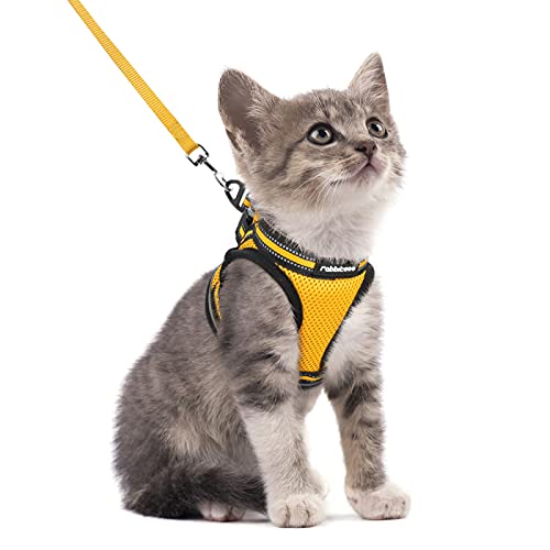 rabbitgoo Arnes Gatos y Correa 150cm Chaleco Ajustable Antitirones Reflectante Cómodo Correa Mágica para Fácil de Poner y Quitar para Paseo Diario Arnes para Perro Pequeño Conejos Gatos S Amarillo