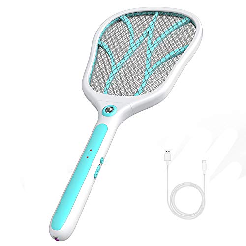 Raqueta Mosca Antimosquitos Eléctrico, 3000V Matamoscas Atrapamoscas Mata Mosquito Plagas Insectos Asesino Repelente, Zapper Fly USB Recargable mit Iluminación LED para Interior en Aire Libre