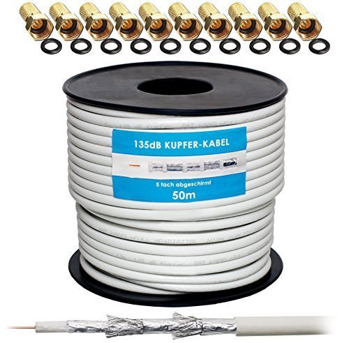 Set de cable coaxial de antena 135 db, de cobre puro, 5 veces apantallado para instalaciones DVB-S / S2 DVB-C y DVB-T BK + 10 conectores F dorados con anillo de goma, incluye HB DIGITAL