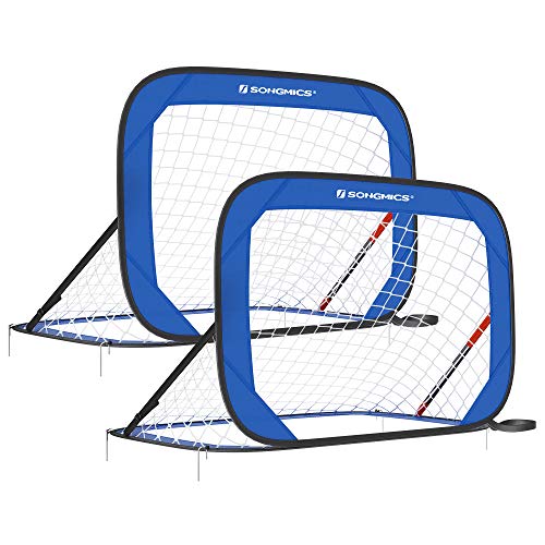 SONGMICS Juego de 2, Portería de fútbol para niños, Red de fútbol, Plegable, para Patio, Parque, Playa, Marco de Acero, Soporte de Fibra de vidiro, Tela Oxford y poliéster, Azul y Negro SZQ122Q01