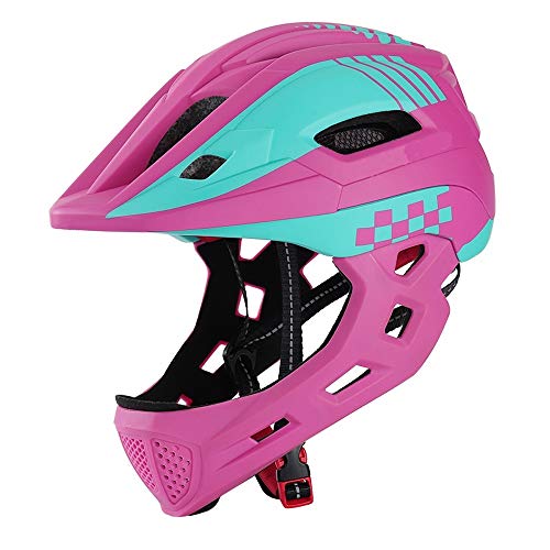 TOMSHOOH Casco Integral de Bicicleta para niños Casco de Patinaje de Seguridad para niños Ca-SCO de Patinar Protector de Cabeza Deportiva con luz Trasera y mentón Desmontable-(Rosa)